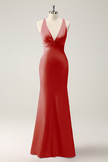 Vestido largo de dama de honor de satén con cuello en V de sirena Verde Oscuro